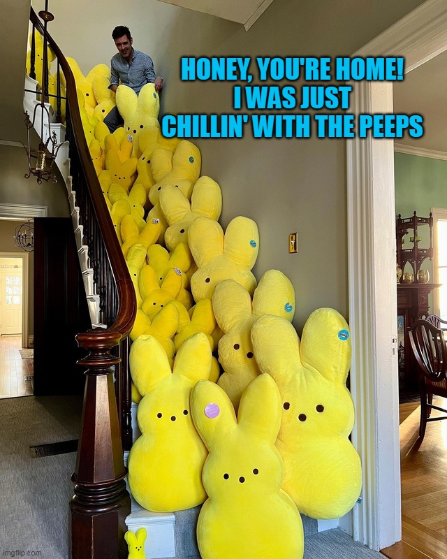 HONEY, YOU'RE HOME!
I WAS JUST CHILLIN' WITH THE PEEPS | image tagged in meme,memes,humor,peeps | made w/ Imgflip meme maker