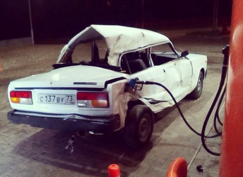 Broken Lada Car at petrol station Blank Meme Template