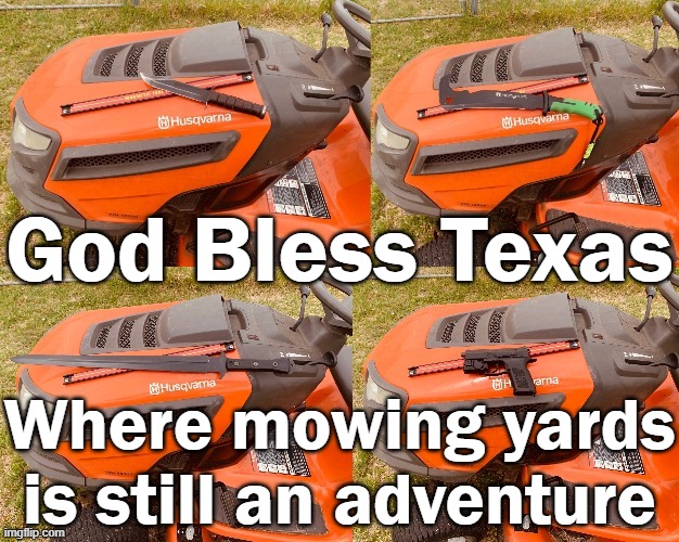 God Bless Texas - where mowing lawns is an adventure | God Bless Texas; Where mowing yards is still an adventure | image tagged in texas,mowing,humor,funny,joke,tractor | made w/ Imgflip meme maker