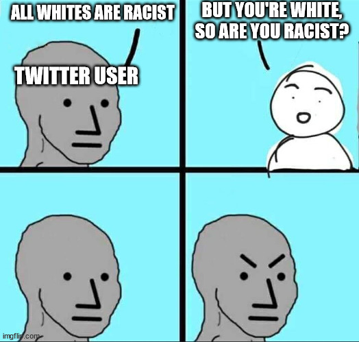 NPC Meme | BUT YOU'RE WHITE, SO ARE YOU RACIST? ALL WHITES ARE RACIST; TWITTER USER | image tagged in npc meme | made w/ Imgflip meme maker