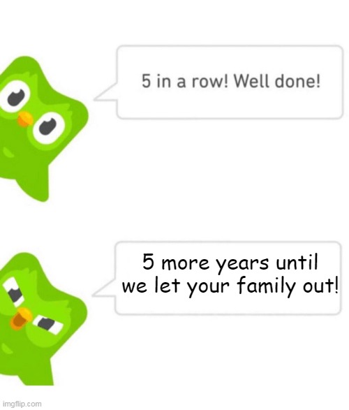 Duolingo 5 in a row | 5 more years until we let your family out! | image tagged in duolingo 5 in a row | made w/ Imgflip meme maker