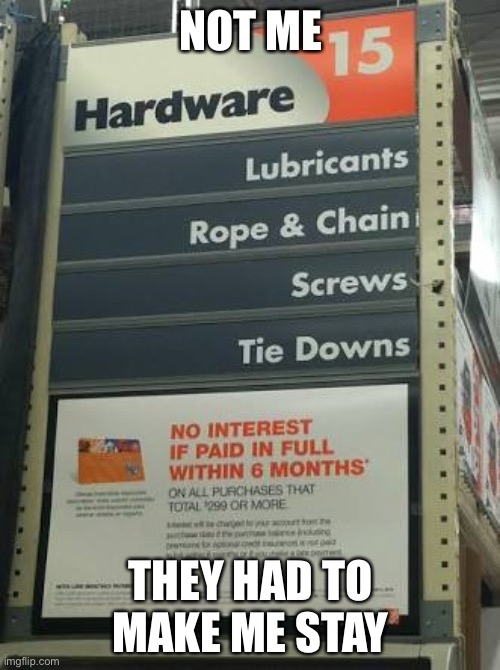 Well | NOT ME THEY HAD TO MAKE ME STAY | image tagged in hardware,restraints,stop,escape | made w/ Imgflip meme maker