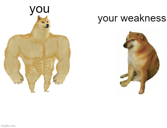 Buff Doge vs. Cheems Meme | you your weakness | image tagged in memes,buff doge vs cheems | made w/ Imgflip meme maker