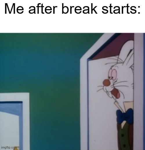 No more school for Spring Break | Me after break starts: | image tagged in white rabbit hype,school | made w/ Imgflip meme maker