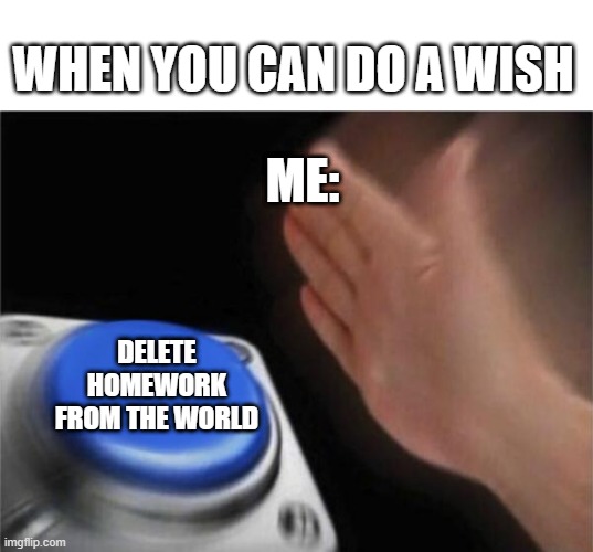 Homework must be deleted! | WHEN YOU CAN DO A WISH; ME:; DELETE HOMEWORK FROM THE WORLD | image tagged in memes,blank nut button | made w/ Imgflip meme maker