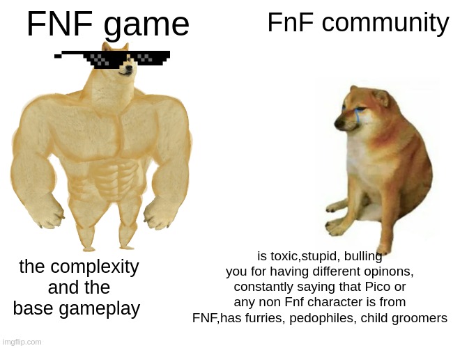 Buff Doge vs. Cheems Meme | FNF game; FnF community; the complexity and the base gameplay; is toxic,stupid, bulling you for having different opinons, constantly saying that Pico or any non Fnf character is from FNF,has furries, pedophiles, child groomers | image tagged in memes,buff doge vs cheems | made w/ Imgflip meme maker