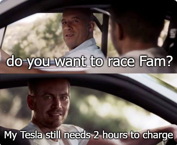 do you want to race Fam? My Tesla still needs 2 hours to charge | image tagged in fem | made w/ Imgflip meme maker