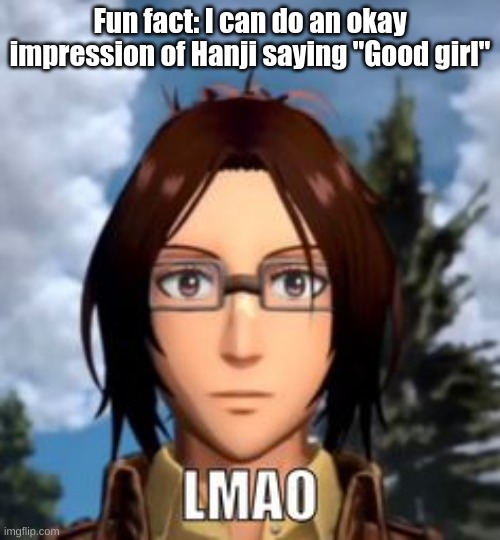 Hanji/Hange lmao | Fun fact: I can do an okay impression of Hanji saying "Good girl" | image tagged in hanji/hange lmao | made w/ Imgflip meme maker