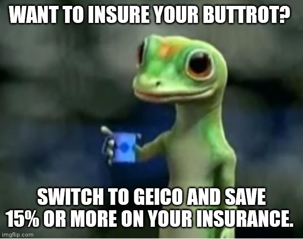 Geico Gecko | WANT TO INSURE YOUR BUTTROT? SWITCH TO GEICO AND SAVE 15% OR MORE ON YOUR INSURANCE. | image tagged in geico gecko | made w/ Imgflip meme maker