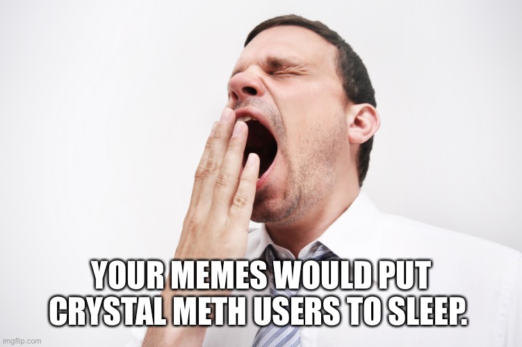 yawn | YOUR MEMES WOULD PUT CRYSTAL METH USERS TO SLEEP. | image tagged in yawn | made w/ Imgflip meme maker