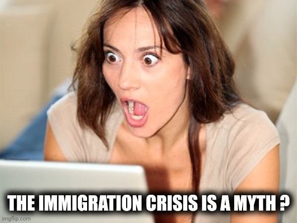 shocked face girl | THE IMMIGRATION CRISIS IS A MYTH ? | image tagged in shocked face girl | made w/ Imgflip meme maker