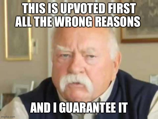 Wilford Brimley | THIS IS UPVOTED FIRST ALL THE WRONG REASONS; AND I GUARANTEE IT | image tagged in wilford brimley | made w/ Imgflip meme maker