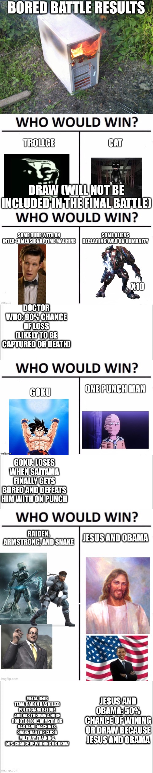 Bored battle results part 1 | BORED BATTLE RESULTS; DRAW (WILL NOT BE INCLUDED IN THE FINAL BATTLE); DOCTOR WHO: 90% CHANCE OF LOSS (LIKELY TO BE CAPTURED OR DEATH); GOKU: LOSES WHEN SAITAMA FINALLY GETS BORED AND DEFEATS HIM WITH ON PUNCH; METAL GEAR TEAM: RAIDEN HAS KILLED POLITICIANS BEFORE AND HAS THROWN A HUGE ROBOT BEFORE, ARMSTRONG HAS NANO-MACHINES, SNAKE HAS TOP CLASS MILITARY TRAINING. 50% CHANCE OF WINNING OR DRAW; JESUS AND OBAMA: 50% CHANCE OF WINING OR DRAW BECAUSE JESUS AND OBAMA | image tagged in white background | made w/ Imgflip meme maker
