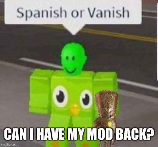 spanish or vanish | CAN I HAVE MY MOD BACK? | image tagged in spanish or vanish | made w/ Imgflip meme maker