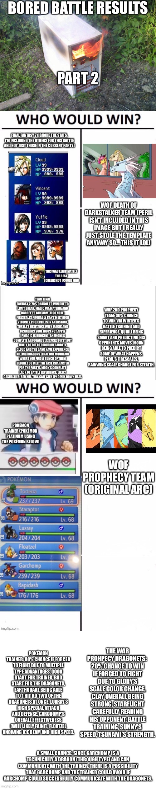 Battle results part 2 | PART 2; TEAM FINAL FANTASY 7: 70% CHANCE TO WIN DUE TO LIMIT BREAK, MAGIC VIA MATERIA AND BARRETT’S GUN ARM. ALSO NOTE: FIRESCALES PROBABLY CAN’T MELT HIGH VELOCITY PROJECTILES IN AN INSTANT, TURTLE’S HESITANCE WITH MAGIC AND LOSING HIS SOUL (DOES NOT APPLY IF MAGIC IS BROKEN) , ANEMONE’S COMPLETE ARROGANCE (ATTACKS FIRST BUT LIKELY TO DIE TO CLOUD OR BARRET), CLOUD AND THE GANG HAVE EXPERIENCE KILLING DRAGONS (THAT ONE MOUNTAIN WHERE YOU FIND A BUNCH OF THEM BEFORE YOU MEET THE LAST CHARACTER FOR THE PARTY), MOON’S COMPLETE LACK OF BATTLE EXPERIENCE. LIKELY CASUALTIES: RED XIII, TIFA, CAIT SITH (PHOENIX DOWN USE). WOF 2ND PROPHECY TEAM: 30% CHANCE TO WIN VIA WINTER’S BATTLE TRAINING AND EXPERIENCE, QUIBLI BEING SMART AND PREDICTING HIS OPPONENTS MOVES, MOON BEING ABLE TO PREDICT SOME OF WHAT HAPPENS, PERIL’S FIRESCALES, RAINWING SCALE CHANGE FOR STEALTH. THE WAR PROHPECY DRAGONETS:  20% CHANCE TO WIN IF FORCED TO FIGHT DUE TO GLORY’S SCALE COLOR CHANGE, CLAY OVERALL BEING STRONG, STARFLIGHT CAREFULLY READING HIS OPPONENT, BATTLE TRAINING, SUNNY’S SPEED, TSUNAMI’S STRENGTH. POKÉMON TRAINER: 80% CHANCE IF FORCED TO FIGHT DUE TO MULTIPLE TYPE ADVANTAGES, GOOD START FOR TRAINER, BAD START FOR THE DRAGONETS, EARTHQUAKE BEING ABLE TO 1 HIT KO TWO OF THE DRAGONETS AT ONCE, LUXRAY’S HIGH SPECIAL ATTACK AND DEFENSE, GARCHOMP’S OVERALL EFFECTIVENESS (WILL LIKELY FAINT), FLOATZEL KNOWING ICE BEAM AND HIGH SPEED. A SMALL CHANCE: SINCE GARCHOMP IS A TECHNICALLY A DRAGON (THROUGH TYPE) AND CAN COMMUNICATE WITH THE TRAINER, THERE IS A POSSIBILITY THAT GARCHOMP AND THE TRAINER COULD AVOID IF GARCHOMP COULD SUCCESSFULLY COMMUNICATE WITH THE DRAGONETS. | image tagged in white background | made w/ Imgflip meme maker