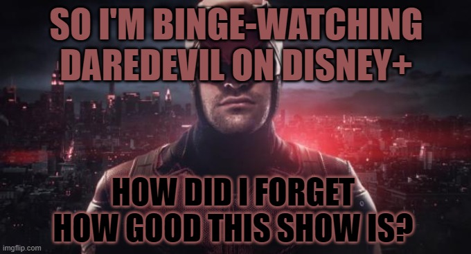 Watch the show if you can, you probably won't regret it. | SO I'M BINGE-WATCHING DAREDEVIL ON DISNEY+; HOW DID I FORGET HOW GOOD THIS SHOW IS? | image tagged in daredevil | made w/ Imgflip meme maker