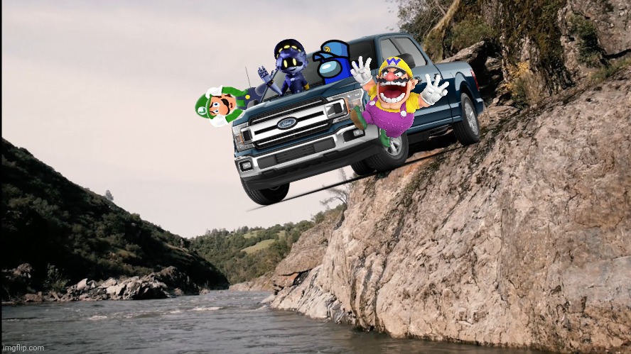 Cam, Wario, N and Luigi die after Cam drives a Ford f-150 off a cliff into a river while listening to I don't want to set the wo | image tagged in wario dies,wario,luigi,murder drones,among us,vehicle | made w/ Imgflip meme maker