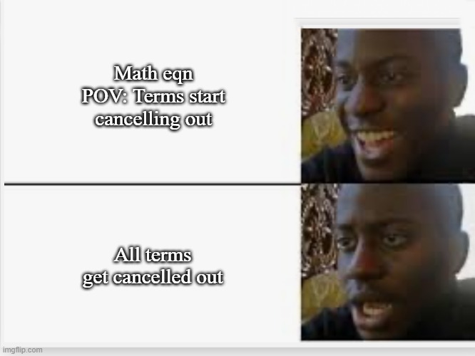 Math equation | Math eqn POV: Terms start cancelling out; All terms get cancelled out | image tagged in happy then sad | made w/ Imgflip meme maker