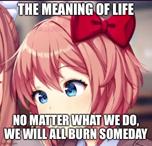 Sayori (cute moron) | THE MEANING OF LIFE; NO MATTER WHAT WE DO, WE WILL ALL BURN SOMEDAY | image tagged in sayori cute moron | made w/ Imgflip meme maker