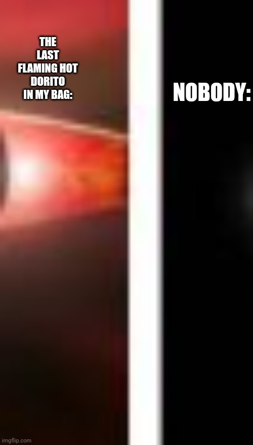 The Last Dorito | THE LAST FLAMING HOT DORITO IN MY BAG:; NOBODY: | image tagged in true story | made w/ Imgflip meme maker