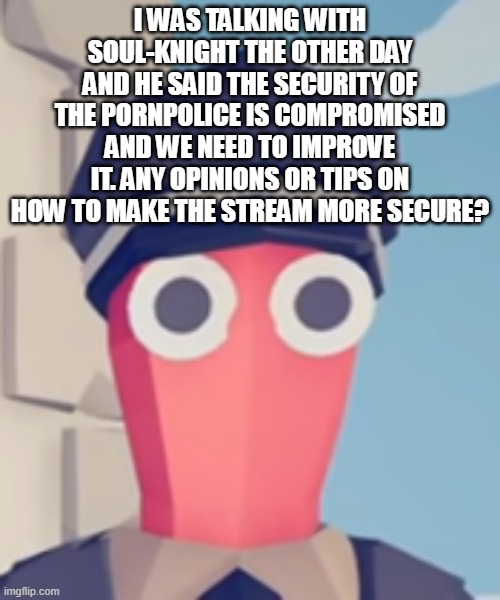 ASAPE MEETING #1 | I WAS TALKING WITH SOUL-KNIGHT THE OTHER DAY AND HE SAID THE SECURITY OF THE PORNPOLICE IS COMPROMISED AND WE NEED TO IMPROVE IT. ANY OPINIONS OR TIPS ON HOW TO MAKE THE STREAM MORE SECURE? | image tagged in tabs stare | made w/ Imgflip meme maker