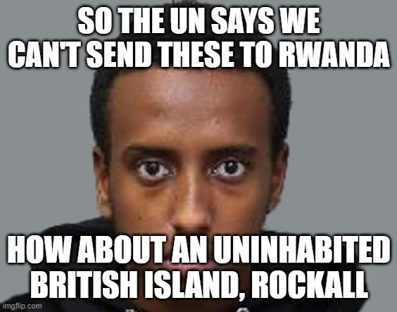 Ukraine refugee | SO THE UN SAYS WE CAN'T SEND THESE TO RWANDA; HOW ABOUT AN UNINHABITED BRITISH ISLAND, ROCKALL | image tagged in ukraine refugee | made w/ Imgflip meme maker
