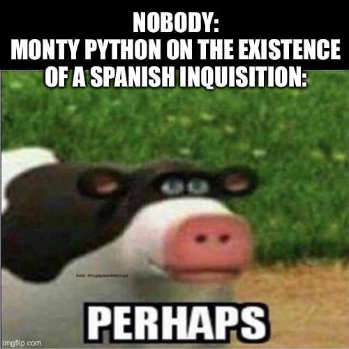 Perhaps a shitpost | NOBODY:
MONTY PYTHON ON THE EXISTENCE OF A SPANISH INQUISITION: | made w/ Imgflip meme maker