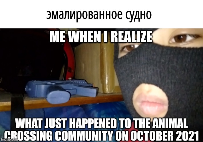 well fuck | эмалированное судно; ME WHEN I REALIZE; WHAT JUST HAPPENED TO THE ANIMAL CROSSING COMMUNITY ON OCTOBER 2021 | image tagged in sudden realization | made w/ Imgflip meme maker