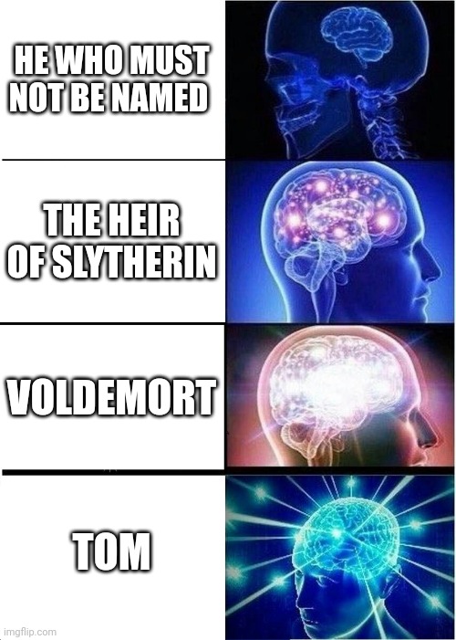 Pls do not copyright me. I don't have the money | HE WHO MUST NOT BE NAMED; THE HEIR OF SLYTHERIN; VOLDEMORT; TOM | image tagged in memes,expanding brain | made w/ Imgflip meme maker