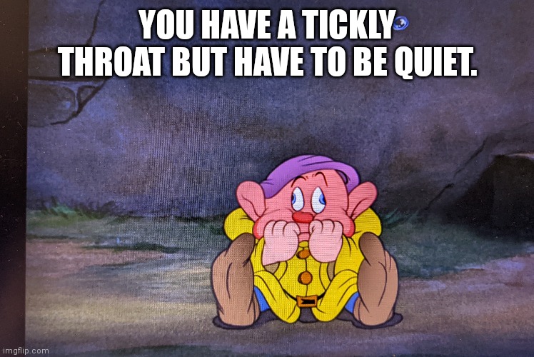 Tickly throat. | YOU HAVE A TICKLY THROAT BUT HAVE TO BE QUIET. | image tagged in throat,cough,disney,snow white | made w/ Imgflip meme maker