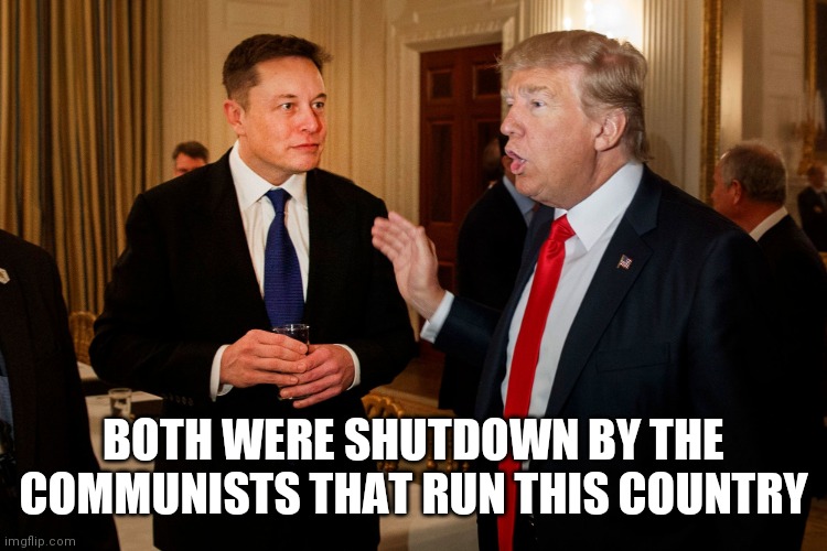 What do these 2 men have in common? | BOTH WERE SHUTDOWN BY THE COMMUNISTS THAT RUN THIS COUNTRY | image tagged in trump and elon musk,you can't change my mind,freedom | made w/ Imgflip meme maker