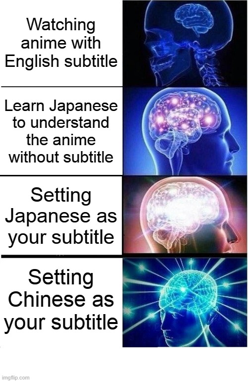 Fax | Watching anime with English subtitle; Learn Japanese to understand the anime without subtitle; Setting Japanese as your subtitle; Setting Chinese as your subtitle | image tagged in memes,expanding brain | made w/ Imgflip meme maker