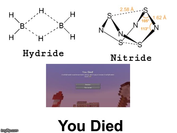 funny minecraft death screen message | You Died | image tagged in hydride nitride,nani,bruh moment,wot,random tag,certified bruh moment | made w/ Imgflip meme maker