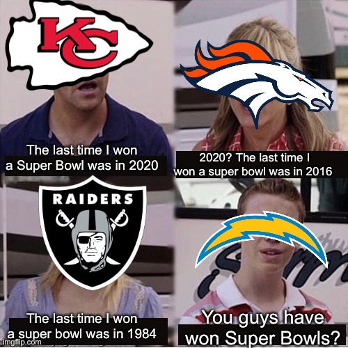 You guys are getting paid template | The last time I won a Super Bowl was in 2020 2020? The last time I won a super bowl was in 2016 The last time I won a super bowl was in 1984 | image tagged in you guys are getting paid template,memes,nfl football,super bowl,afc west | made w/ Imgflip meme maker