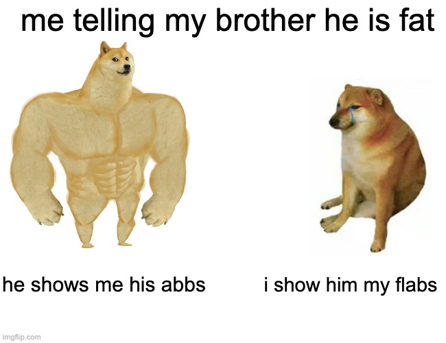 Buff Doge vs. Cheems Meme | me telling my brother he is fat; he shows me his abbs; i show him my flabs | image tagged in memes,buff doge vs cheems | made w/ Imgflip meme maker