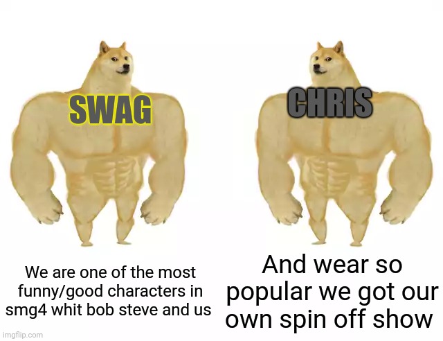 Swag and chris | CHRIS; SWAG; We are one of the most funny/good characters in smg4 whit bob steve and us; And wear so popular we got our own spin off show | image tagged in buff doge vs buff doge,smg4 | made w/ Imgflip meme maker
