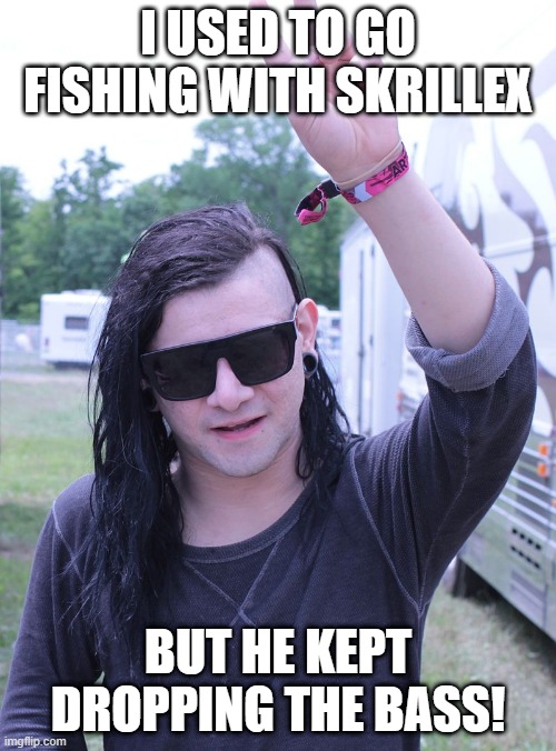 Pronounce smh | I USED TO GO FISHING WITH SKRILLEX; BUT HE KEPT DROPPING THE BASS! | image tagged in skrillex | made w/ Imgflip meme maker