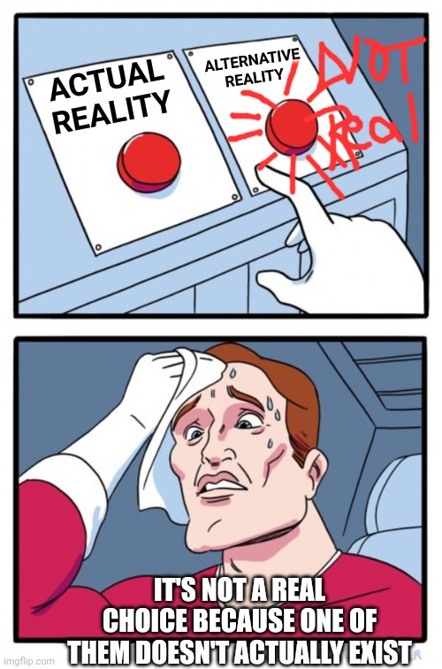 It's Not A Question If You Already Know The Answer | ALTERNATIVE REALITY; ACTUAL REALITY; IT'S NOT A REAL CHOICE BECAUSE ONE OF THEM DOESN'T ACTUALLY EXIST | image tagged in memes,two buttons,dumb question,alternate reality,reality,duhhh dumbass | made w/ Imgflip meme maker