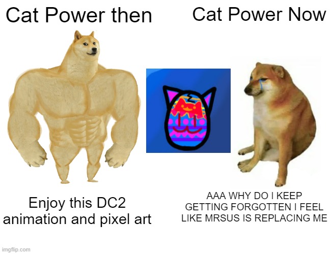 Cat Power meme | Cat Power then; Cat Power Now; AAA WHY DO I KEEP GETTING FORGOTTEN I FEEL LIKE MRSUS IS REPLACING ME; Enjoy this DC2 animation and pixel art | image tagged in memes,buff doge vs cheems | made w/ Imgflip meme maker