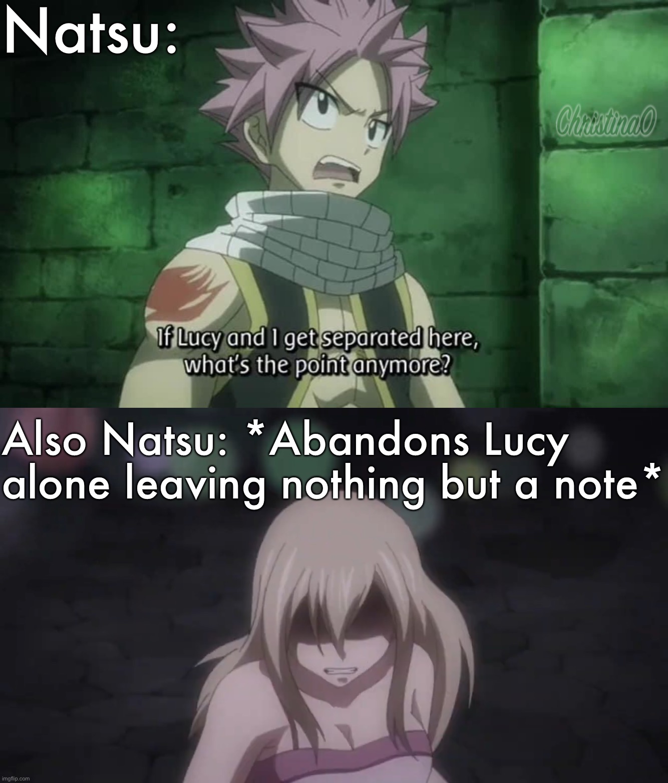Natsu Leaves Lucy for One Year - Fairy Tail Meme |  Natsu:; Also Natsu: *Abandons Lucy alone leaving nothing but a note* | image tagged in memes,fairy tail,fairy tail meme,nalu,natsu dragneel,fairy tail memes | made w/ Imgflip meme maker
