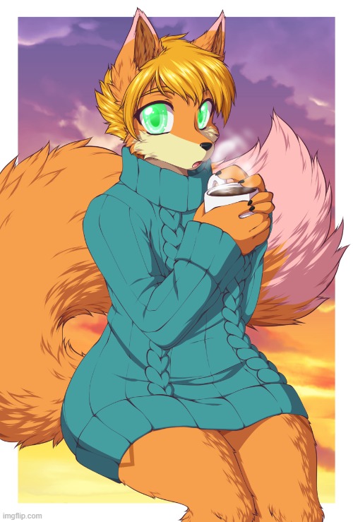 That is one of the best fur textures I have ever seen! (By LovelessKia) | image tagged in furry,femboy,cute,sweater,coffee | made w/ Imgflip meme maker