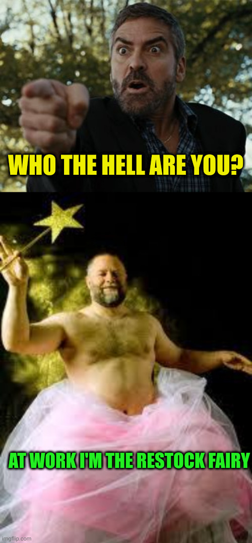 Could call myself Someone Else too because it's always someone else's job in my department | WHO THE HELL ARE YOU? AT WORK I'M THE RESTOCK FAIRY | image tagged in who are you,fairy man | made w/ Imgflip meme maker