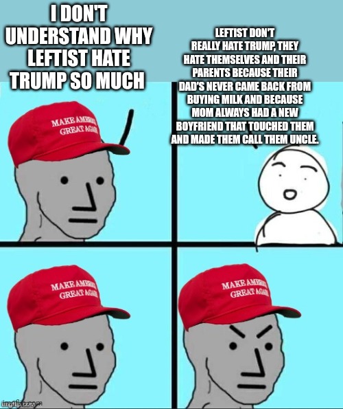MAGA NPC (AN AN0NYM0US TEMPLATE) | I DON'T UNDERSTAND WHY LEFTIST HATE TRUMP SO MUCH LEFTIST DON'T REALLY HATE TRUMP, THEY HATE THEMSELVES AND THEIR PARENTS BECAUSE THEIR DAD' | image tagged in maga npc an an0nym0us template | made w/ Imgflip meme maker