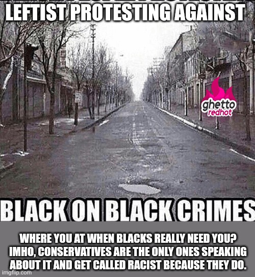 LEFTIST PROTESTING AGAINST WHERE YOU AT WHEN BLACKS REALLY NEED YOU? IMHO, CONSERVATIVES ARE THE ONLY ONES SPEAKING ABOUT IT AND GET CALLED  | made w/ Imgflip meme maker