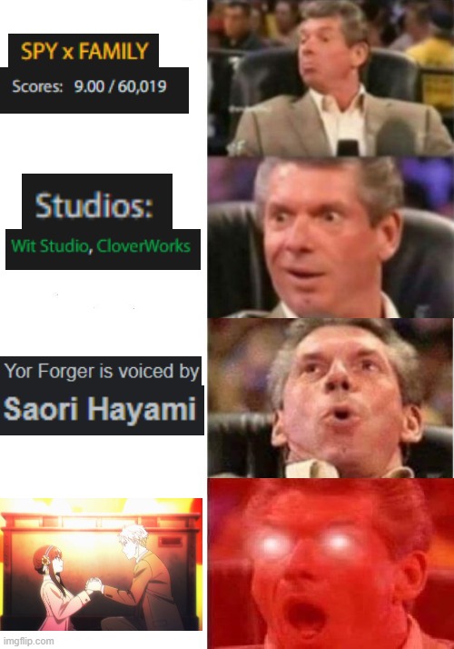 Going into ep 2 of SxF be like: | image tagged in mr mcmahon reaction,spyxfamily,spy x family,anime,meme,saori hayami | made w/ Imgflip meme maker