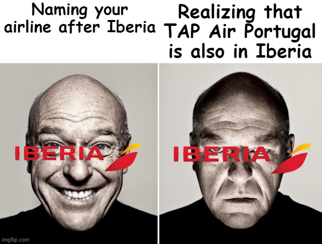 It's nothing, just joking on how Spain could possibly name their airline after Iberia | Realizing that TAP Air Portugal is also in Iberia; Naming your airline after Iberia | image tagged in hank smiling/frowning | made w/ Imgflip meme maker