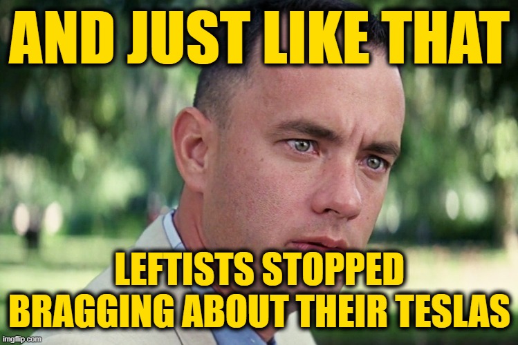 And Just Like That Meme | AND JUST LIKE THAT LEFTISTS STOPPED BRAGGING ABOUT THEIR TESLAS | image tagged in memes,and just like that | made w/ Imgflip meme maker