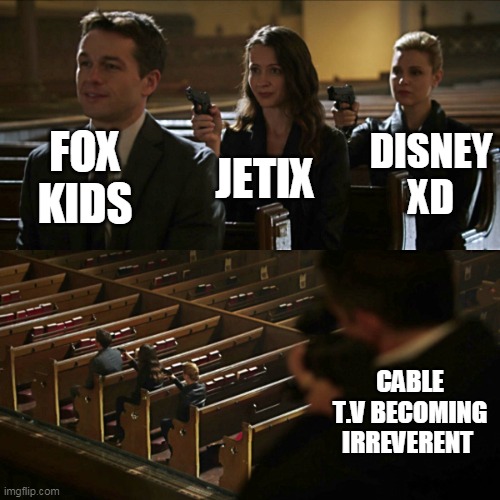 Natural selection through cartoon channel brands. | FOX KIDS; DISNEY
XD; JETIX; CABLE T.V BECOMING IRREVERENT | image tagged in assassination chain,jetix,disney,disney xd,fox,cartoons | made w/ Imgflip meme maker