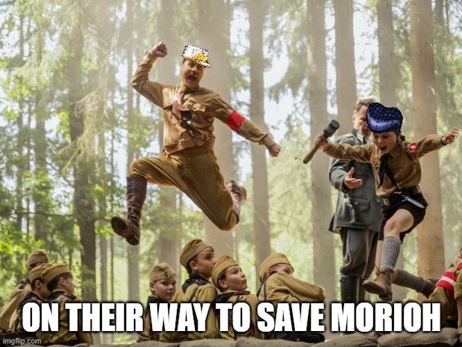 Jojo and hitler | ON THEIR WAY TO SAVE MORIOH | image tagged in jojo and hitler,jojo meme,jojo's bizarre adventure | made w/ Imgflip meme maker