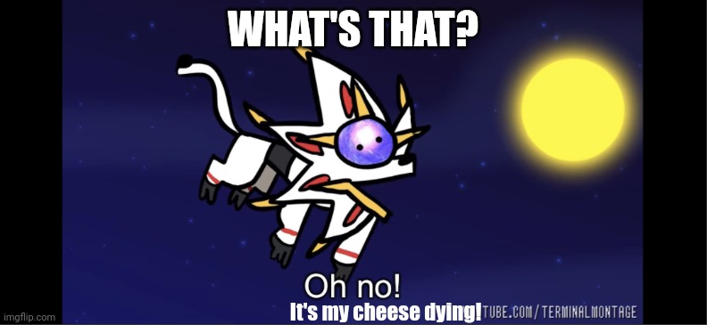 Sogaleo's Dead Cheez | WHAT'S THAT? It's my cheese dying! | image tagged in solgaleo oh no | made w/ Imgflip meme maker